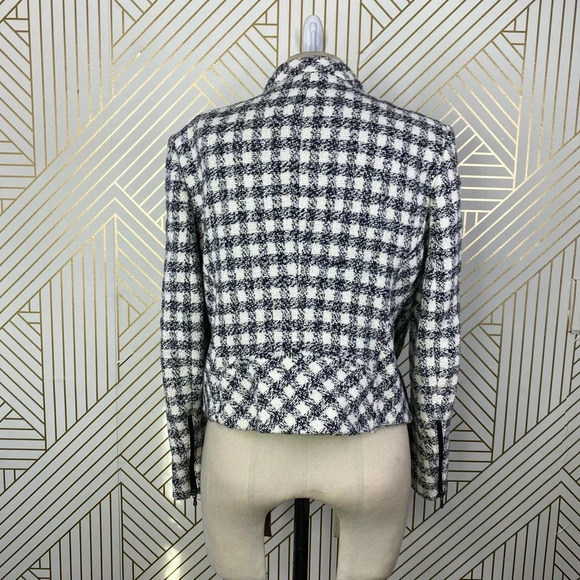 Zara Basic Checker Plaid Tweed Moto Jacket in Black & Cream Size US Medium - Picture 6 of 12